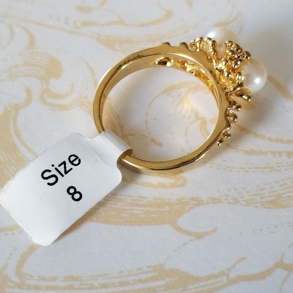 Vintage 18k Gold Dipped Faux Pearl Cocktail Ring SZ 8 - Picture 6 of 12
